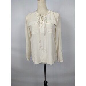 Magaschoni Silk Blouse Cream Ivory 2 Lace-up Neckline Pockets